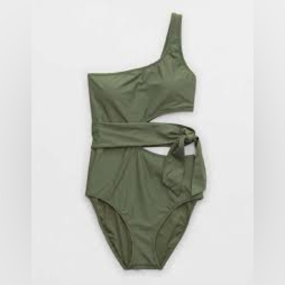 Aerie One Shoulder Cutout Swimsuit Green Size L NEW Beach Vacation one Piece